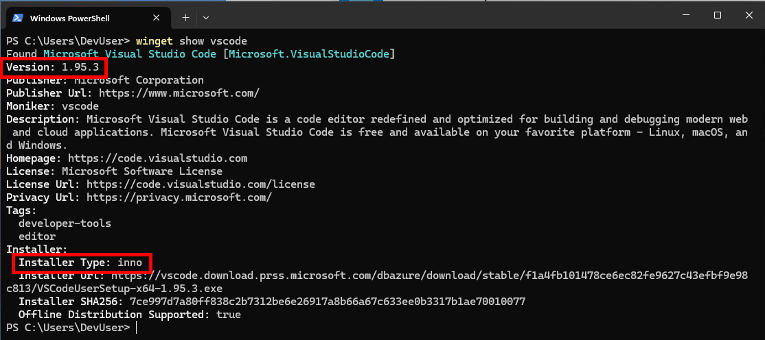 WinGet Information for VS Code