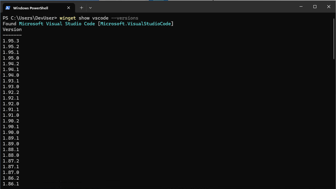 WinGet Information for VS Code - Versions