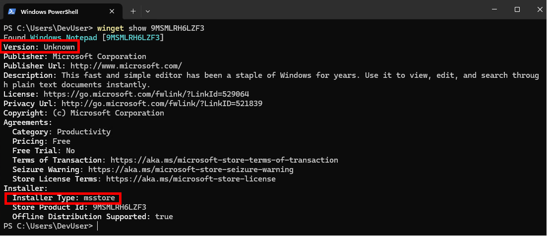 WinGet Information for Windows Notepad